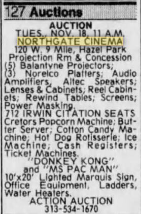 Northgate Cinemas - NOV 1986 AUCTION OF EQUIPMENT
